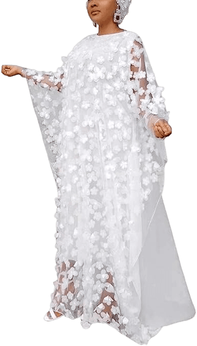 Women Applique Flower Dress Boat Neck Chiffon Kaftan Dress